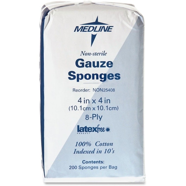Medline Gauze Sponges, Nonsterile, 4"x4", 8-Ply, 200/BX, White, PK200 MIINON25408 - main